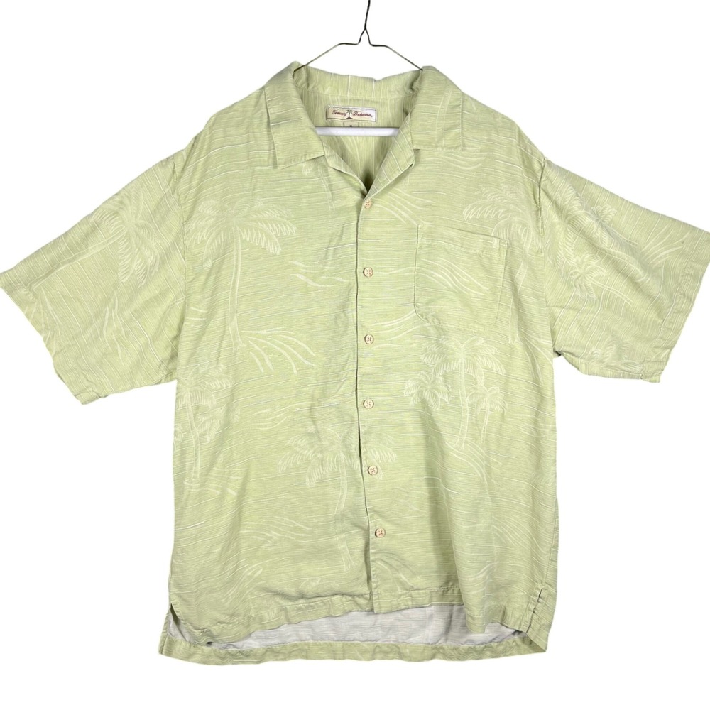 Tommy Bahama Button Down Mens XL Green 100% Silk Tonal Palm Tree Camp Shirt